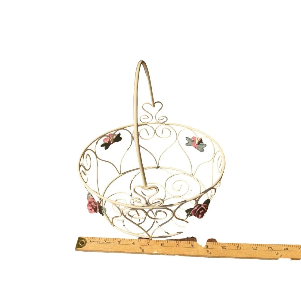 Vintage Style Cream Metal Wire Basket Roses Hearts Shabby Chic Cottage Decor